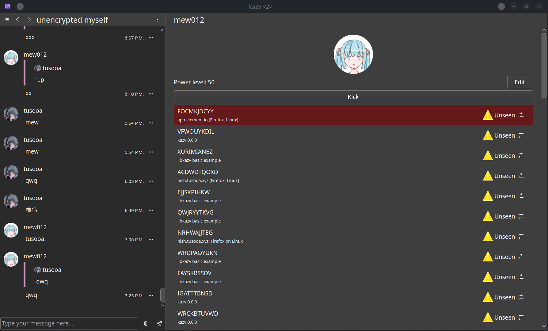 screenshot of kazv displaying the profile of a user